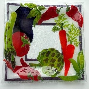 Vintage signed Peggy Karr fused glass vegetable plate.